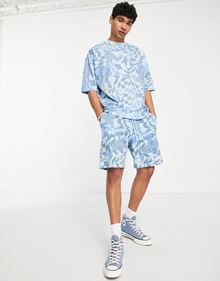 Asos Daysocial Oversized T-shirt With All Over Wavy Plaid Graphic Print In Blue - Part Of A Set