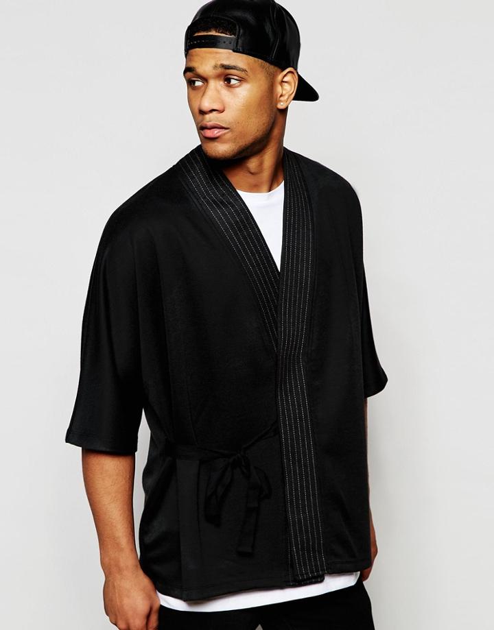 Asos Textured Kimono Cardigan With Stitching - Black