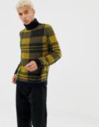 Asos Design Check Roll Neck Sweater In Mustard And Navy - Yellow