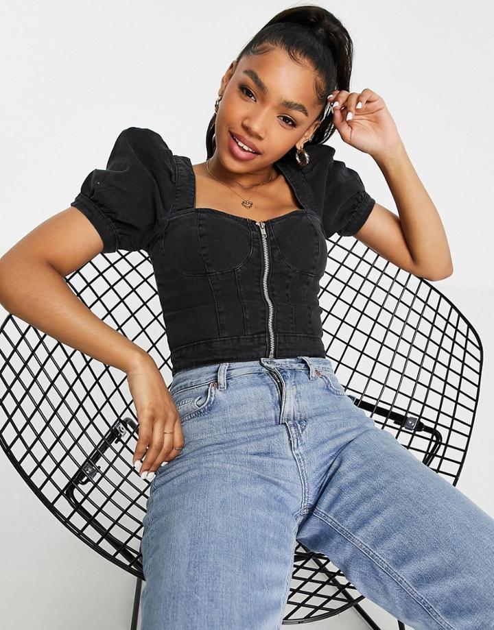 Urban Bliss Puff Sleeve Zip Front Detail Top In Black