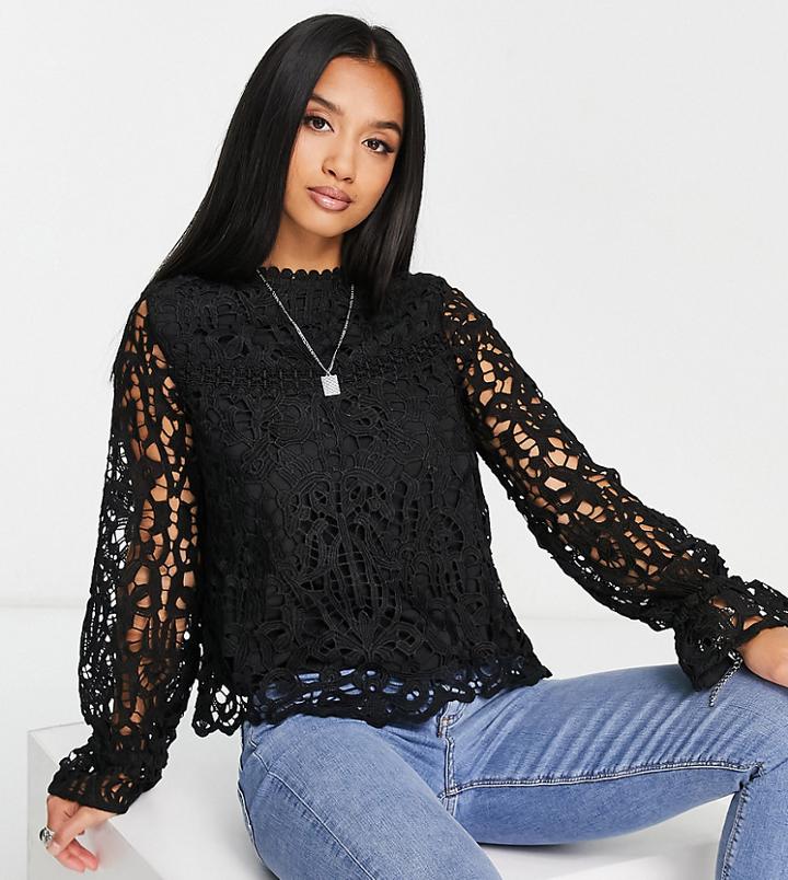 River Island Petite Lace Detail Blouse In Black