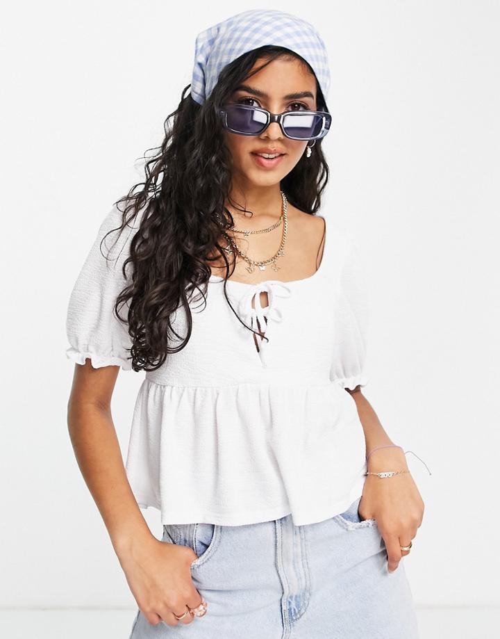Miss Selfridge Short Sleeve Textured Tie Front Top In White