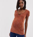 Asos Design Maternity Top In Floral Ditsy Print With Sweetheart Neck-brown