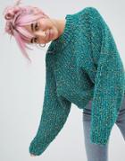 Asos Design Sweater In Crop With Wide Sleeve Pom Pom Yarn - Green
