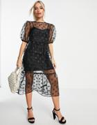 Miss Selfridge Dot Organza Midi Dress In Black