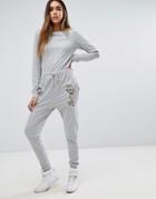 Missguided Embroidered Sweat Jumpsuit - Gray