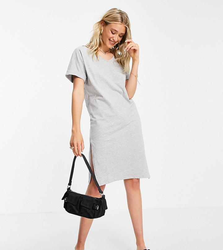 Pieces Tall Midi T-shirt Dress With V-neck In Gray Heather-grey