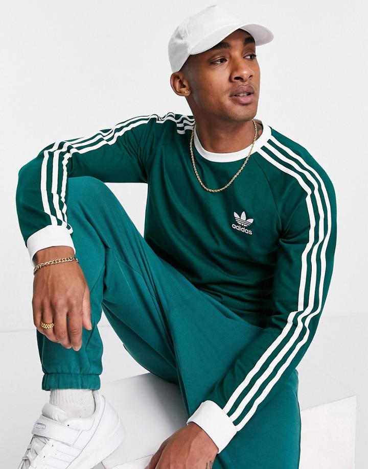 Adidas Originals Adicolor Three Stripe Long Sleeve Top In Collegiate Green