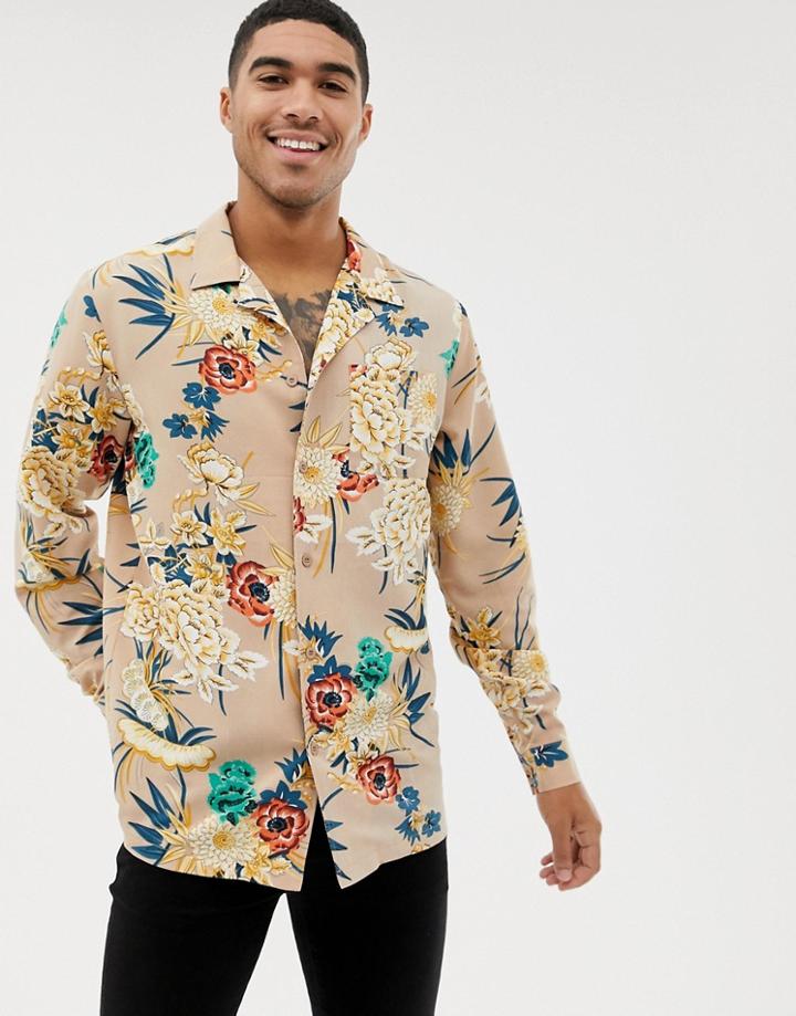 Boohooman Revere Collar Shirt In Regular Fit With Floral Print In Tan - Tan
