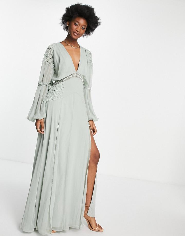Asos Design Maxi Dress With Embellished Lace And Satin Ring Detail In Sage-green