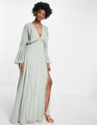 Asos Design Maxi Dress With Embellished Lace And Satin Ring Detail In Sage-green
