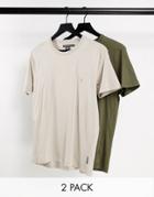 French Connection 2 Pack Crew Neck T-shirt In Khaki & Stone-green