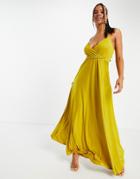 Asos Design Cami Plunge Tie Back Maxi Dress In Mustard-orange