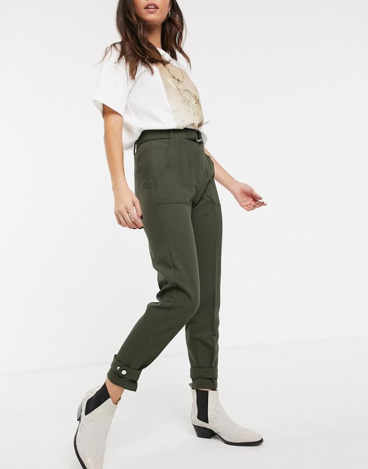 Bershka D-ring Belt Pants In Khaki