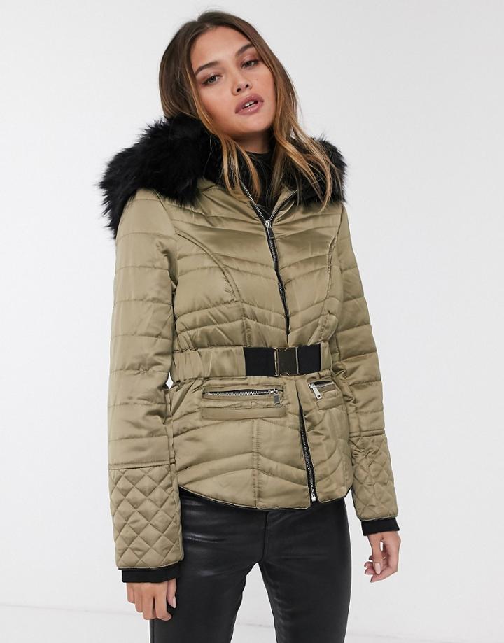 River Island Satin Quilted Jacket With Faux Fur Hood In Khaki-green