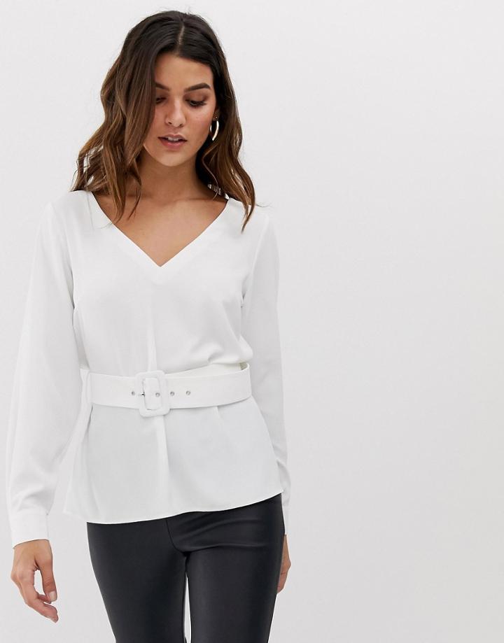 Asos Design Long Sleeve V Neck Plunge Top With Belt - White