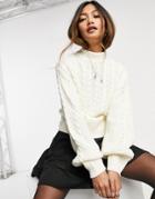 Monki Titti Cable Knit Cropped Sweater In Cream-white