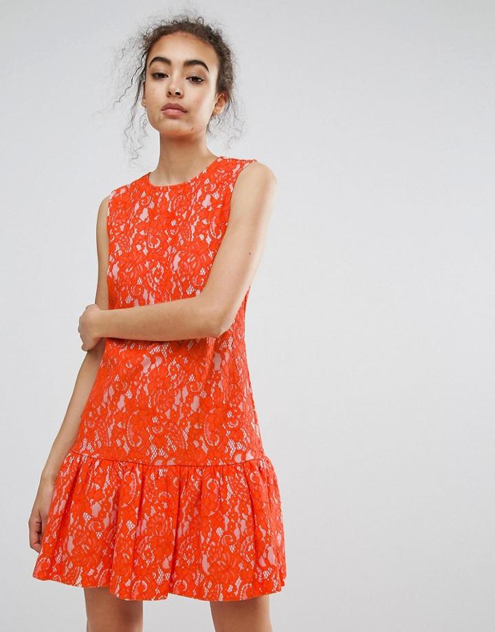 Warehouse Occasion Lace Peplum Dress - Orange