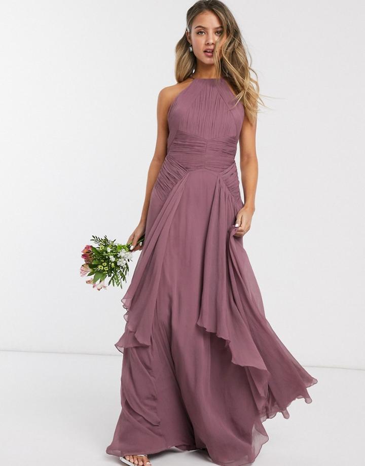 Asos Design Bridesmaid Pinny Maxi Dress With Ruched Bodice And Layered Skirt Detail-purple