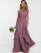 Asos Design Bridesmaid Pinny Maxi Dress With Ruched Bodice And Layered Skirt Detail-purple