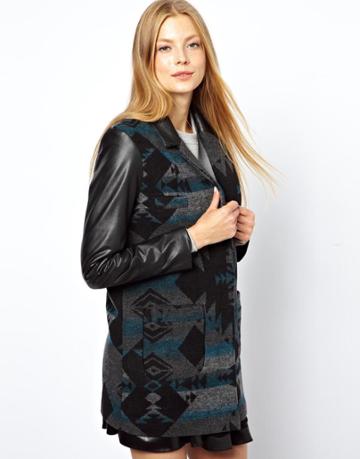 Asos Aztec Coat With Pu Sleeve