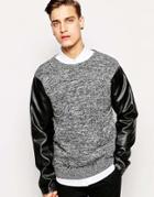 Standard Issue Exclusive Twisted Yarn Knitted Sweater With Faux Leather Sleeves - Black