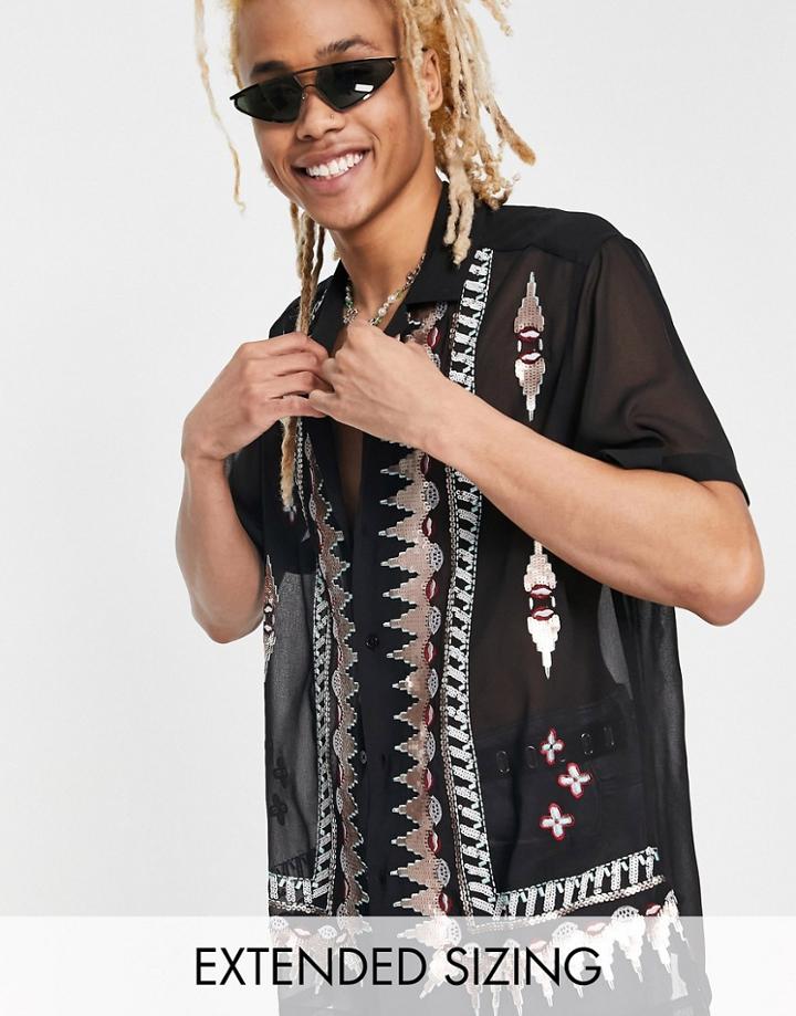 Asos Design Relaxed Deep Revere Shirt With Embellishment-black