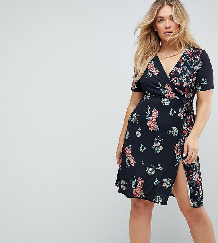 Asos Curve Midi Wrap Dress In Mixed Floral Print - Multi