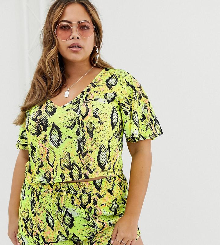 Asos Design Curve Jersey Beach Crop Top With Flutter Sleeves In Neon Snake Print Two-piece - Multi