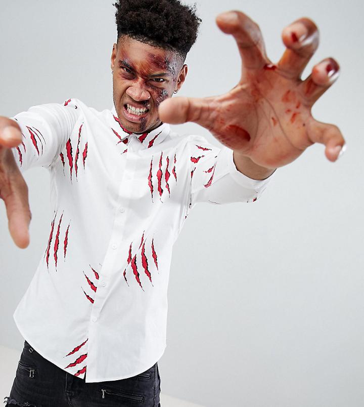Asos Tall Halloween Stretch Slim Shirt With Claw Print - White