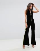 Jaded London Festival High Neck Jumpsuit With Neon Popper Pants And Half Zip Neck - Black
