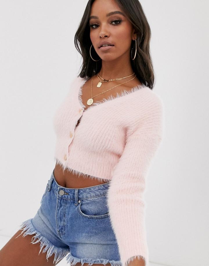 Asos Design Fluffy Cropped Cardigan - Pink