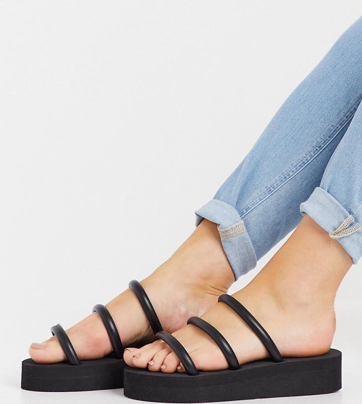 London Rebel Wide Fit Flatform Nineties Strappy Mules In Black
