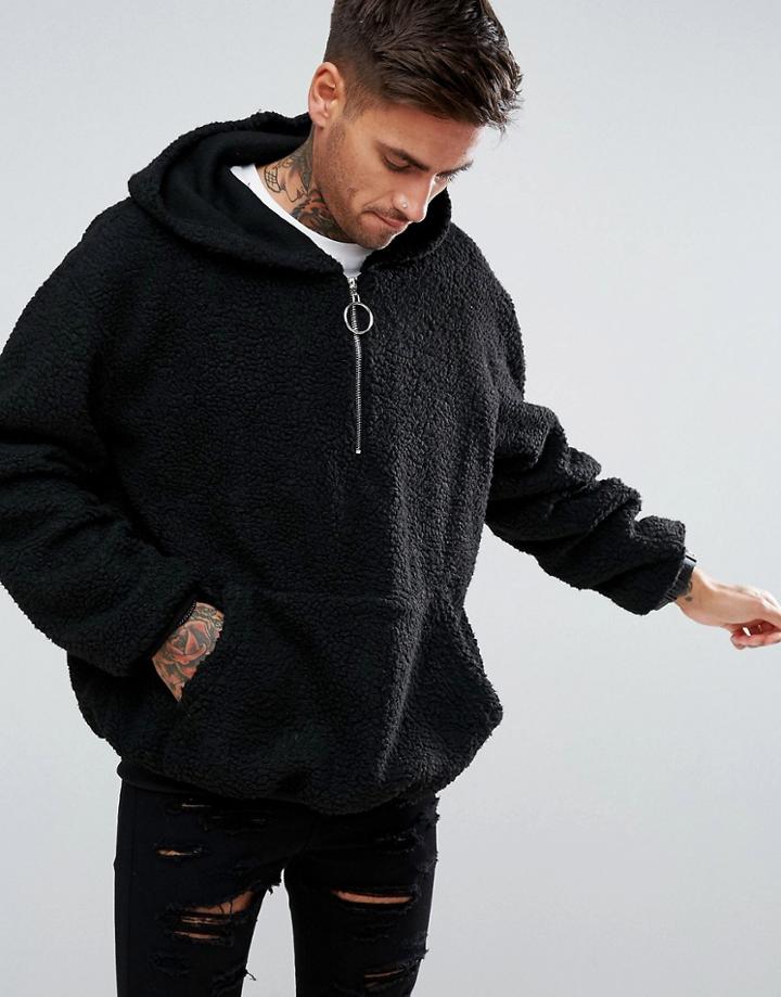 Boohooman Oversized Borg Hoodie In Black - Black