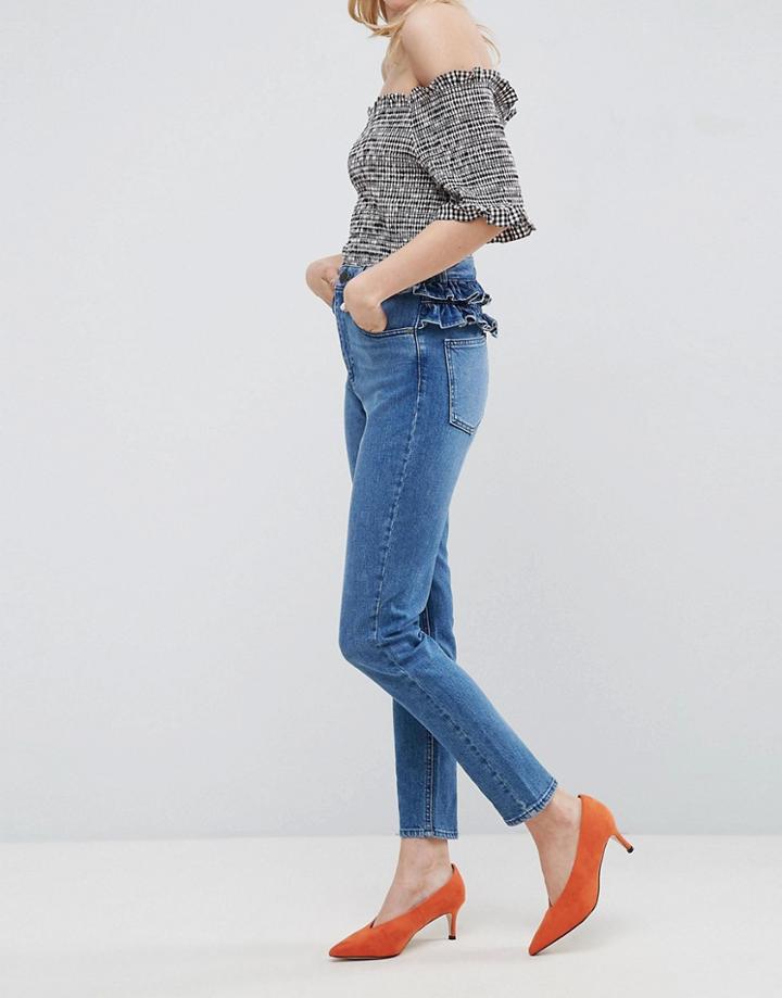 Asos Farleigh High Waist Slim Mom Jeans In Pretty Mid Wash With Frill Yoke - Blue