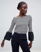 Finery Cowan Breton Stripe T-shirt With Fluted Cuffs - Black