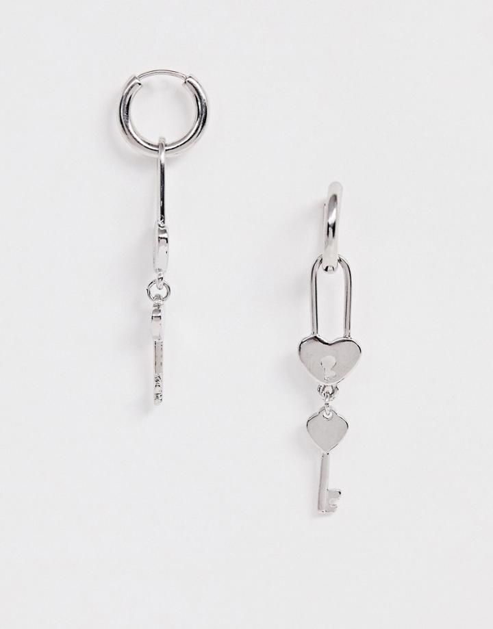 Asos Design Hoop Earrings With Heart Padlock And Key Charms In Silver Tone - Silver