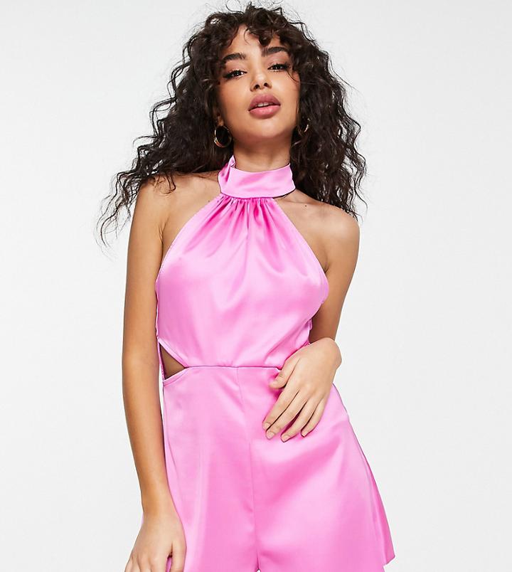 Miss Selfridge Petite Satin Halter Cut Out Romper In Hot Pink