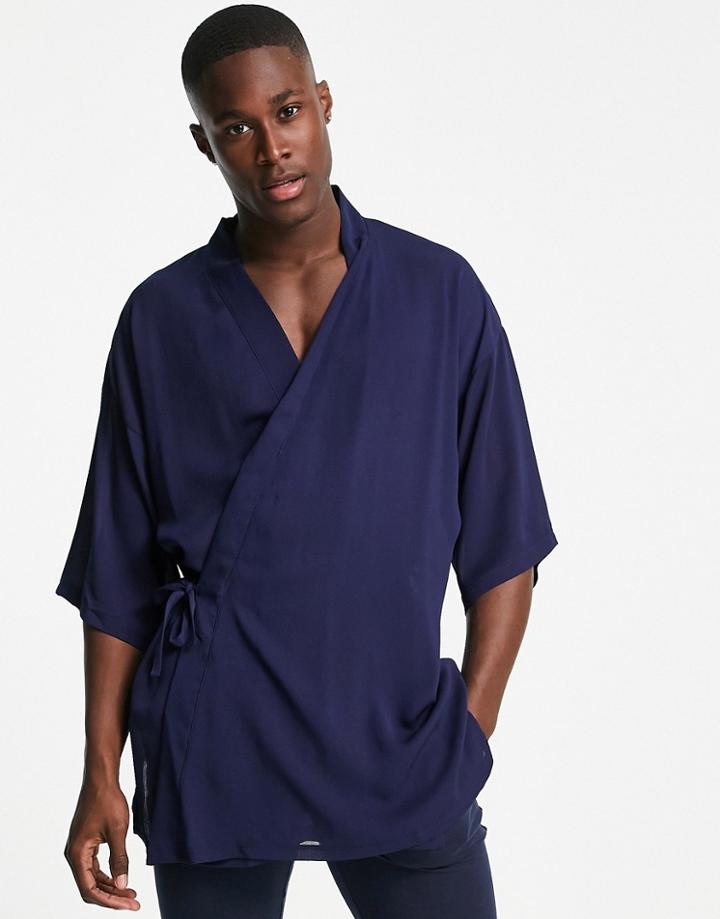 Asos Design Short Lightweight Robe With Tie Side In Navy -set