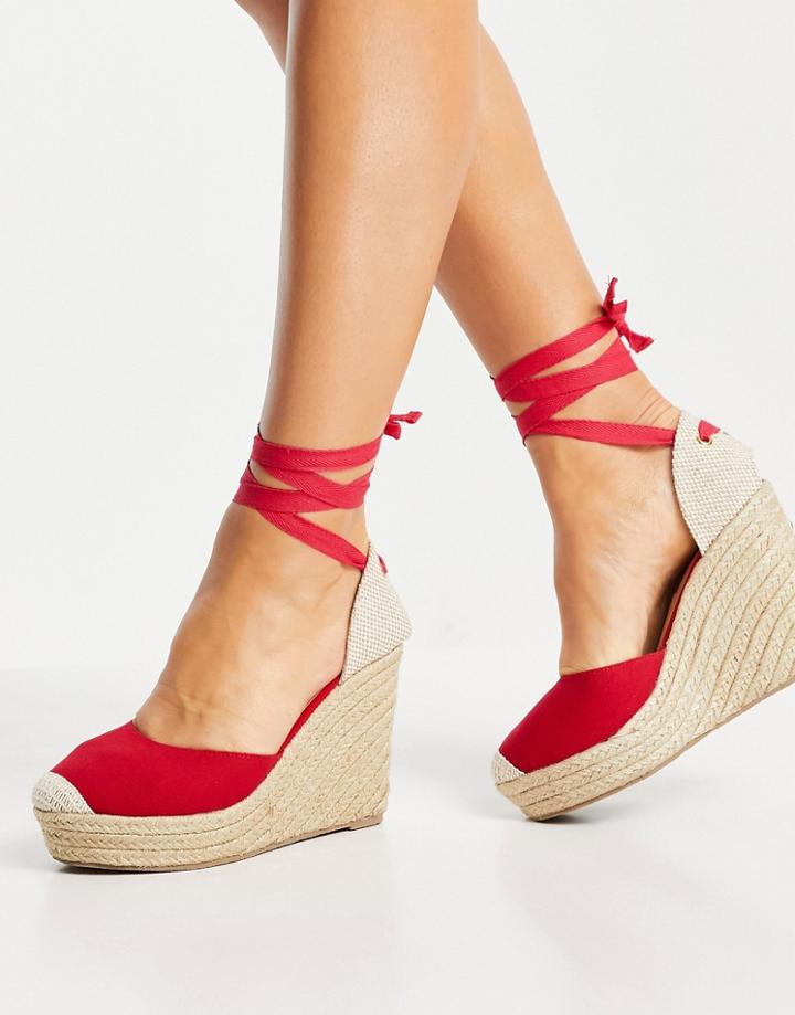 London Rebel High Tie Leg Espadrille Wedges In Red