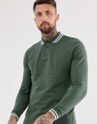 Asos Design Long Sleeve Pique Polo Shirt With Tipping In Khaki - Green