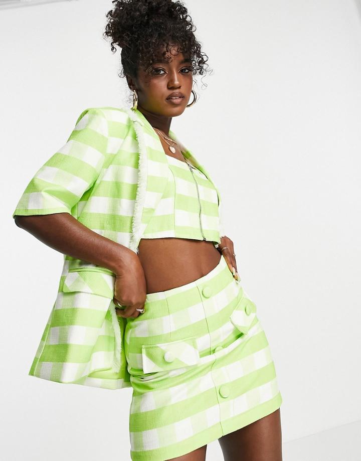 Urban Revivo Tweed Short Sleeve Blazer In Green Check Print - Part Of A Set
