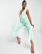 Liquorish Sleeveless Lace Jumpsuit With Waist Tie In Mint-green