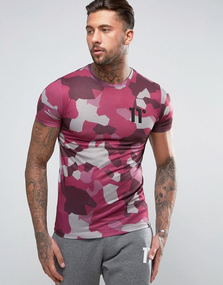 11 Degrees T-shirt In Burgundy Geo Camo - Red