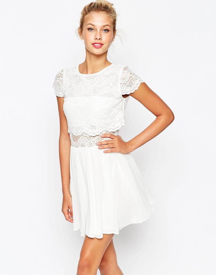 Asos Lace Crop Top Mini Skater Dress - Cream