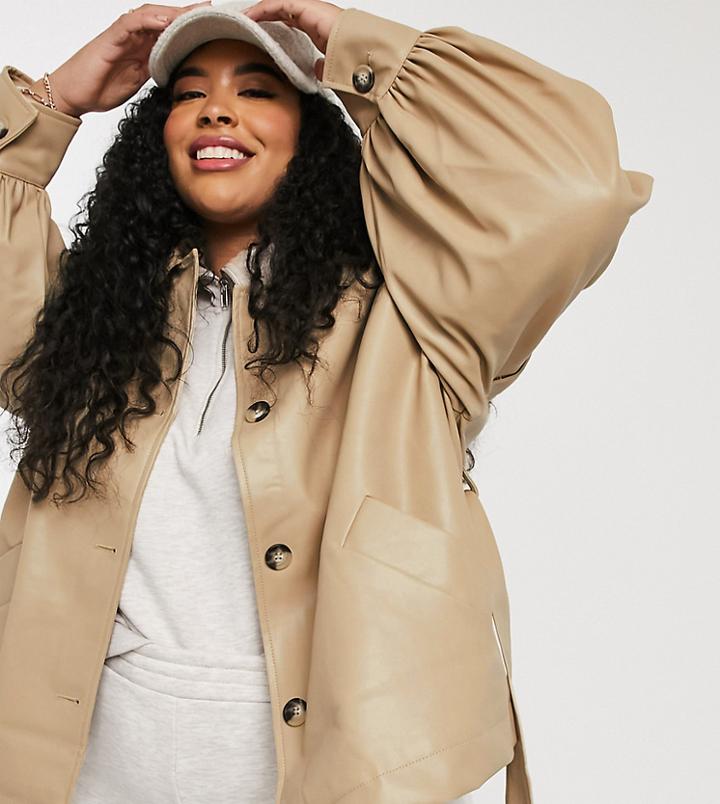 Asos Design Curve Faux Leather Jacket With Sleeve Drama In Putty-white