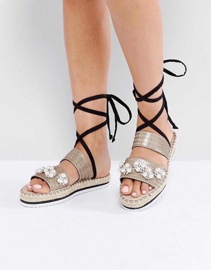 Asos Jaya Embellished Tie Leg Espadrilles - Gold