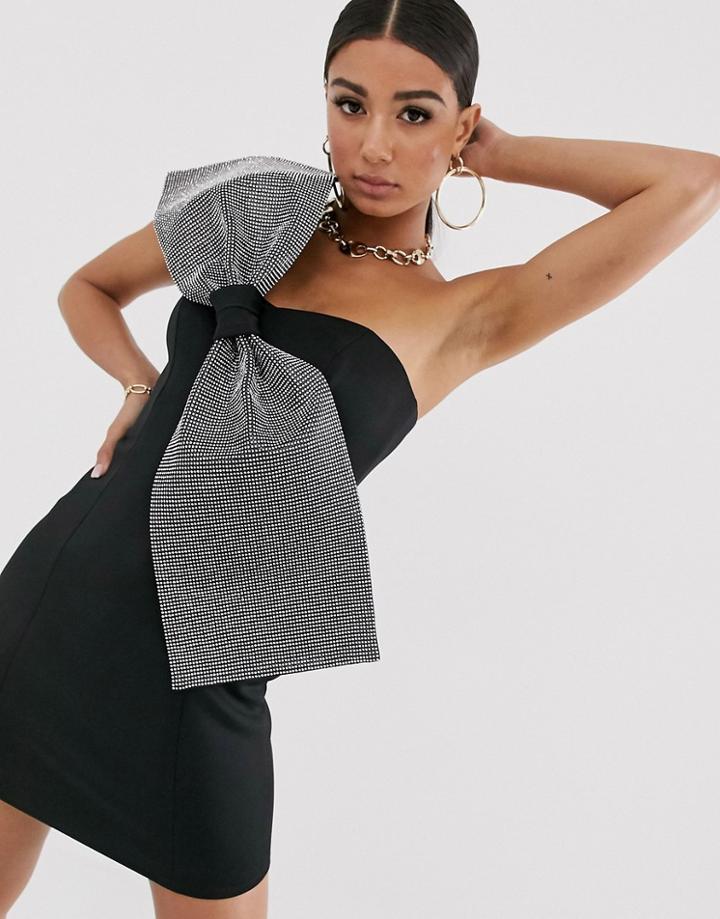Asos Design Rhinestone Bow Bandeau Mini Dress - Black