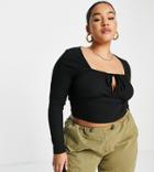Asos Design Curve Ribbed Square Neck Top With Tie Detail In Black