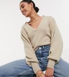 Asos Design Tall Sweater With Open Collar Detail In Oatmeal-neutral